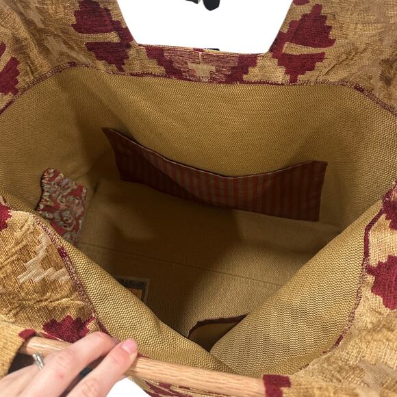 Fabric Tapestry Large Square Tote w/Wood Bar Handles - Picture 6 of 12